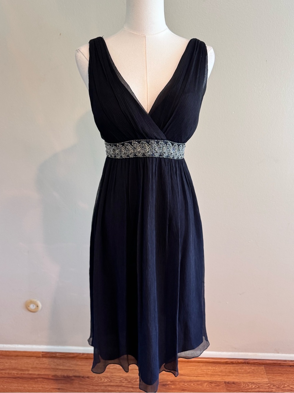 Y2K 100% Silk Black Beaded Deep V Chiffon Party Cocktail Dress Size 8